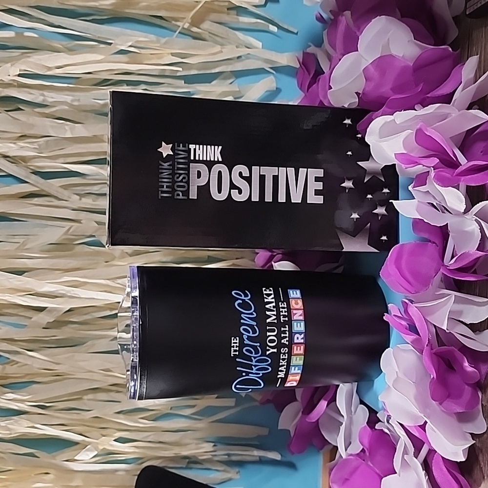 Think Positive Cup with plastic lid, room for straw. Great for teachers!